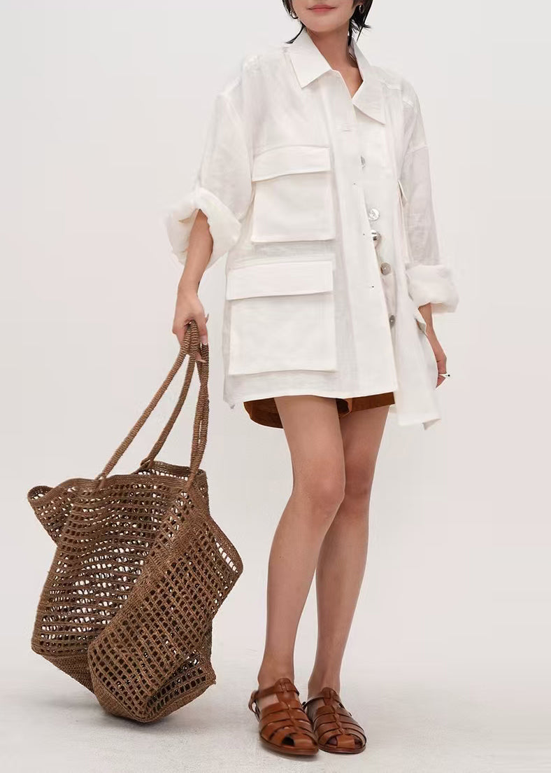 White Oversized Pockets Cotton Shirt Top Summer