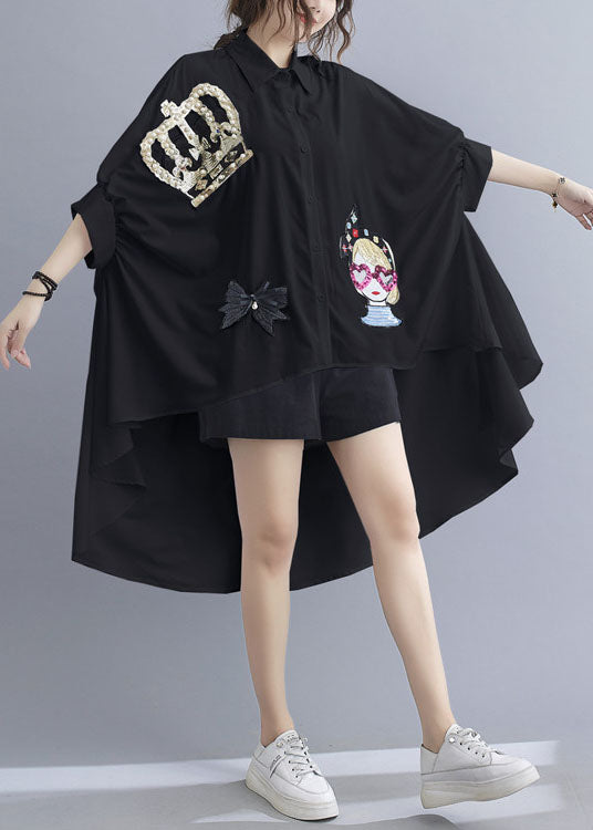 White Oversized Sequins Applique Low High Design Cotton Tops Batwing Sleeve