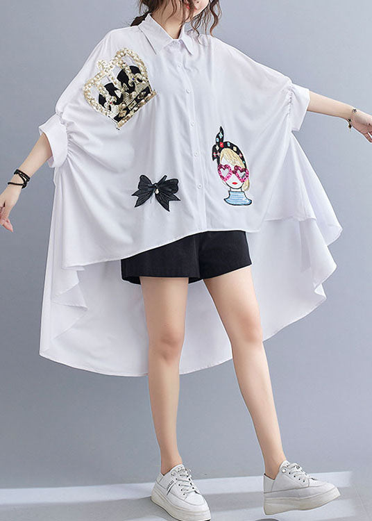 White Oversized Sequins Applique Low High Design Cotton Tops Batwing Sleeve