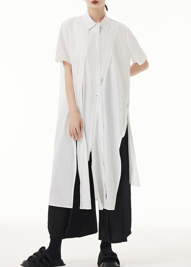 White Peter Pan Collar Asymmetrical Patchwork Cotton Shirt Dress Summer
