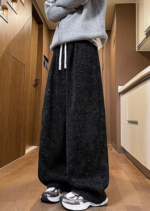 White Pockets Elastic Waist Warm Fleece Wide Leg Pants Spring