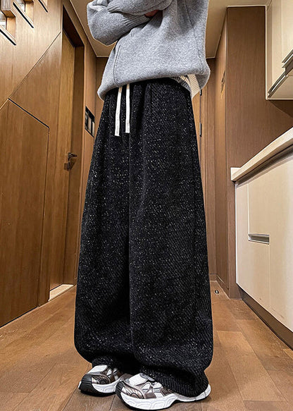 White Pockets Elastic Waist Warm Fleece Wide Leg Pants Spring