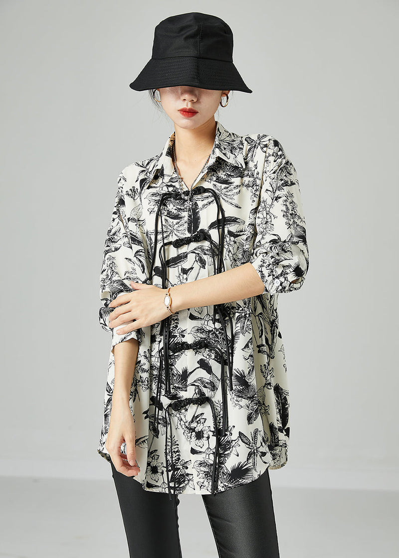 White Print Chinese Button Tassel Chiffon Shirt Top Spring