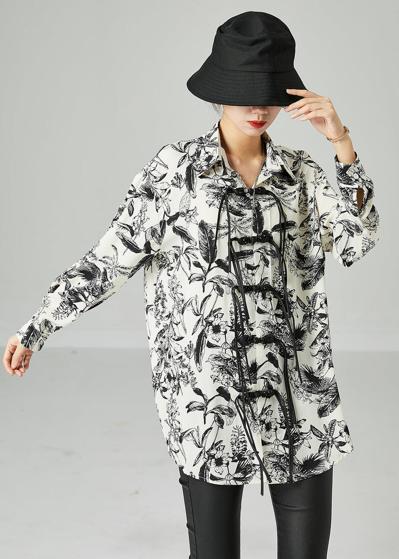 White Print Chinese Button Tassel Chiffon Shirt Top Spring