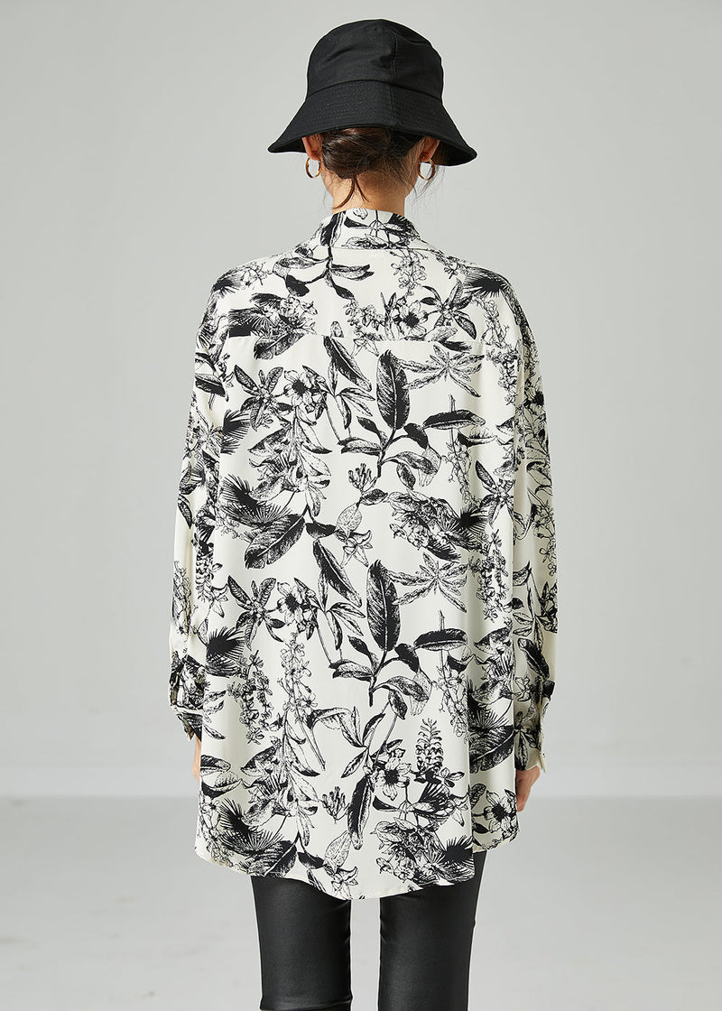 White Print Chinese Button Tassel Chiffon Shirt Top Spring