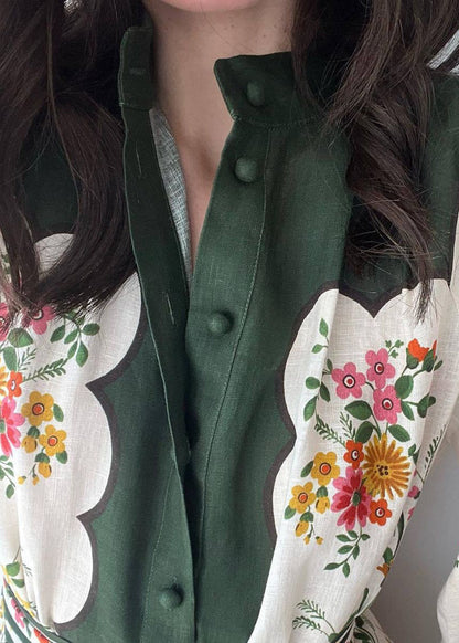 White Print Pockets Tie Waist Linen Shirts Dresses Long Sleeve