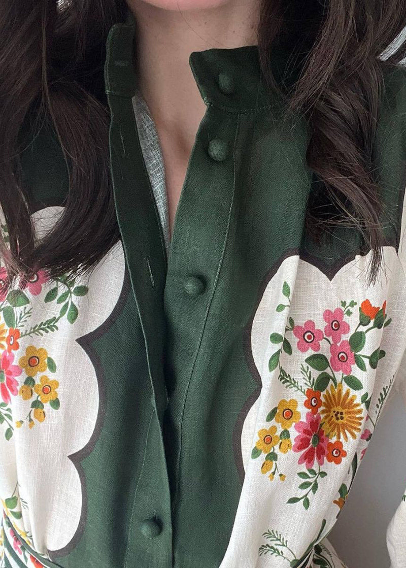 White Print Pockets Tie Waist Linen Shirts Dresses Long Sleeve