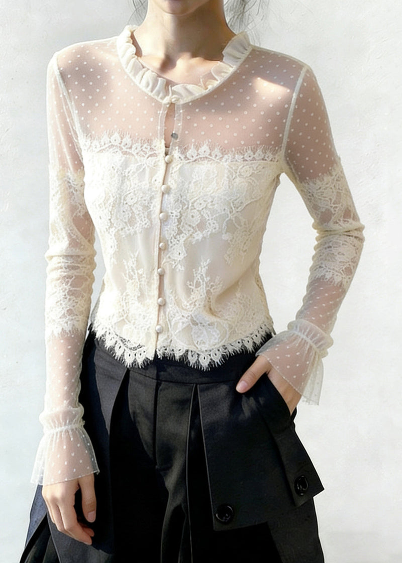 White Ruffled Button Patchwork Lace Blouse Flare Sleeve
