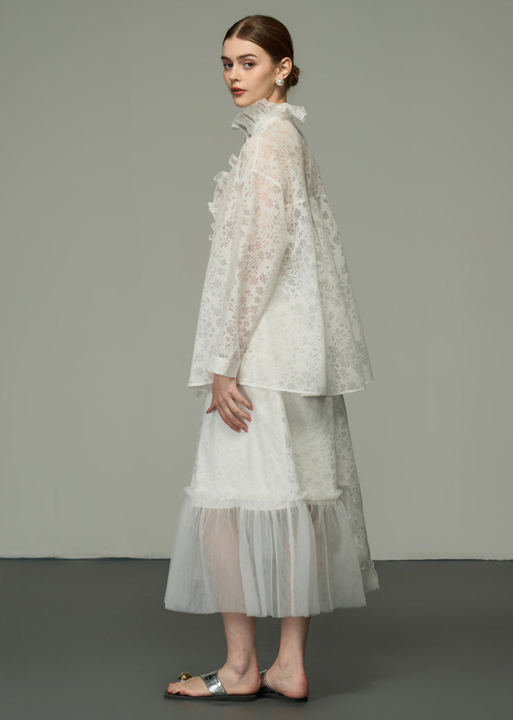 White Ruffled Jacquard Patchwork Silk Shirts Tops Long Sleeve