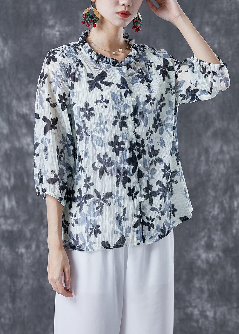 White Ruffled Print Cotton Shirts Bracelet Sleeve