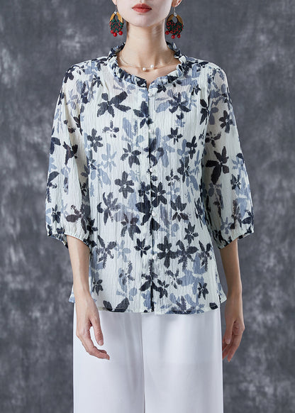 White Ruffled Print Cotton Shirts Bracelet Sleeve