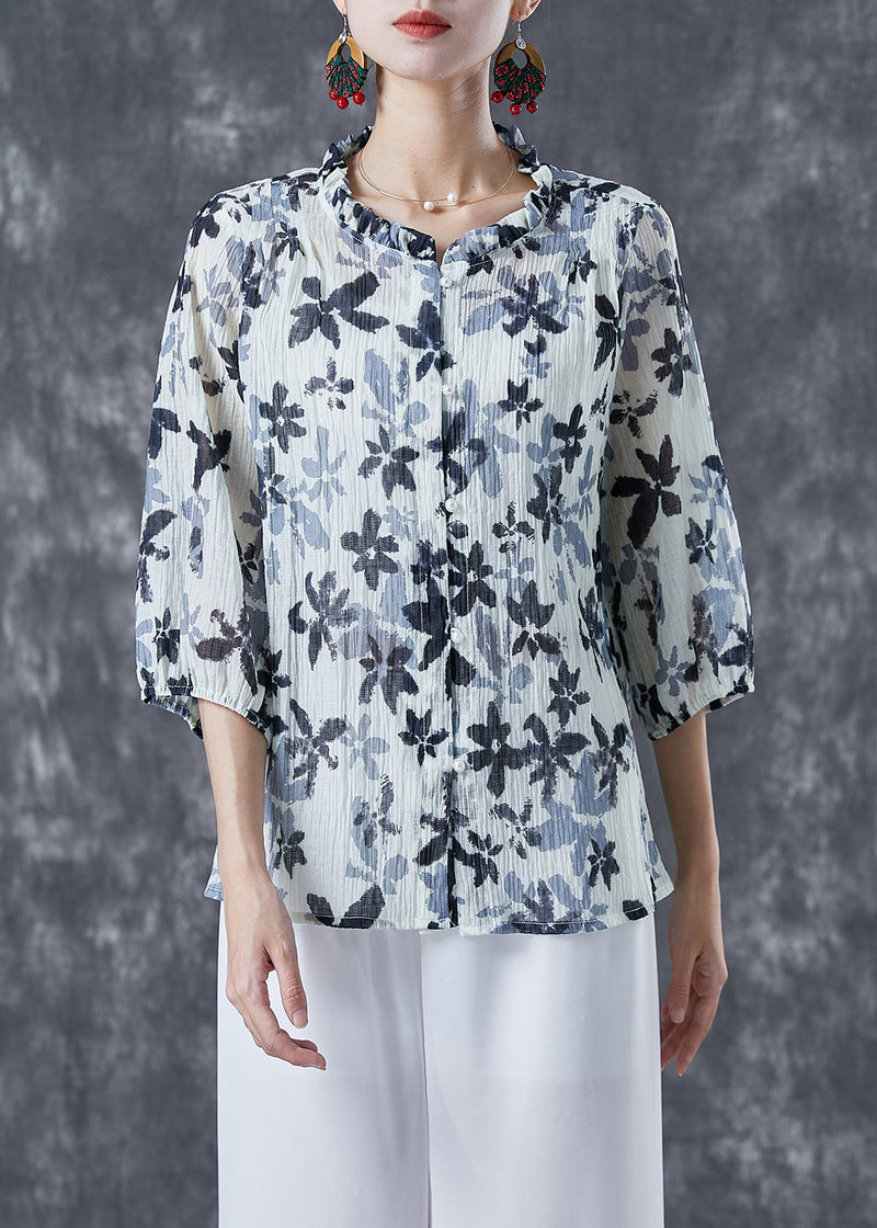 White Ruffled Print Cotton Shirts Bracelet Sleeve