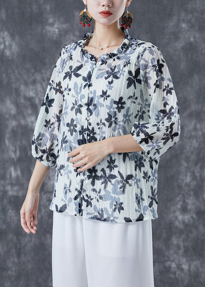 White Ruffled Print Cotton Shirts Bracelet Sleeve