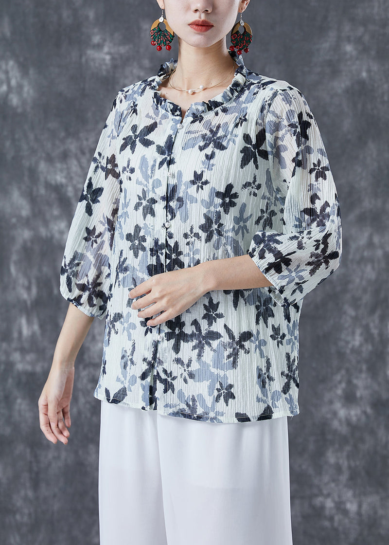 White Ruffled Print Cotton Shirts Bracelet Sleeve
