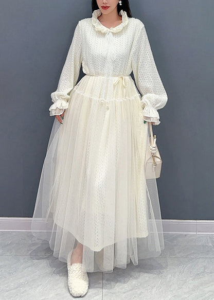 White Ruffled Tulle Lace Dresses Long Sleeve