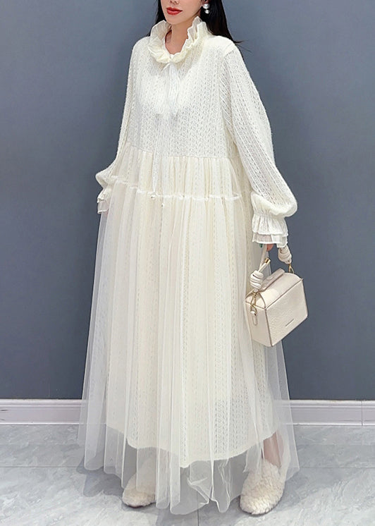 White Ruffled Tulle Lace Dresses Long Sleeve