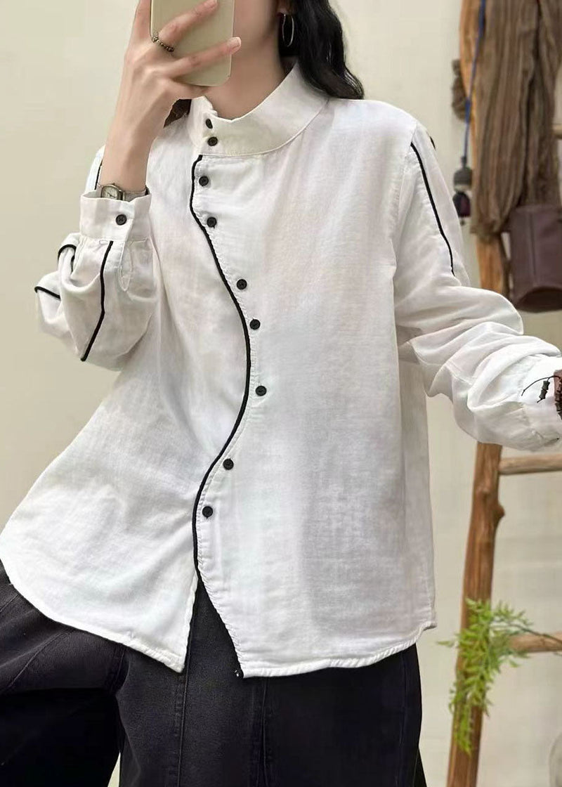 White Stand Collar Button Cotton Blouses Spring