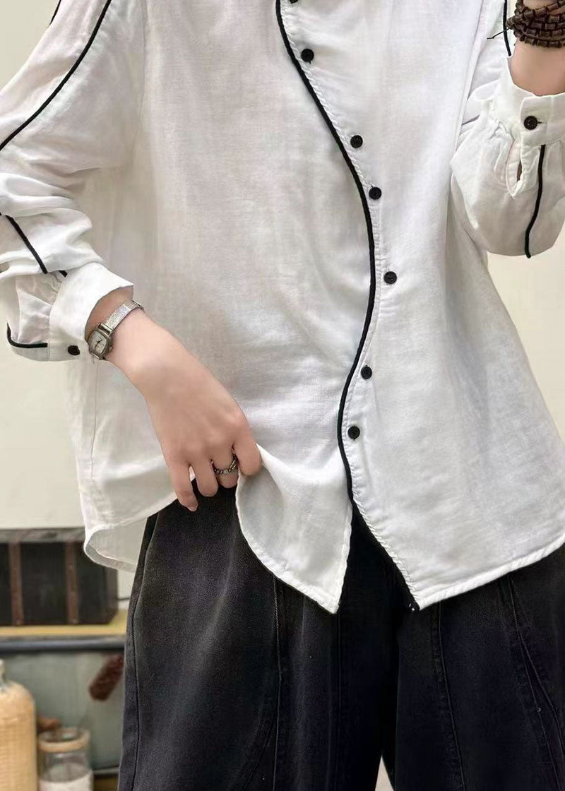 White Stand Collar Button Cotton Blouses Spring