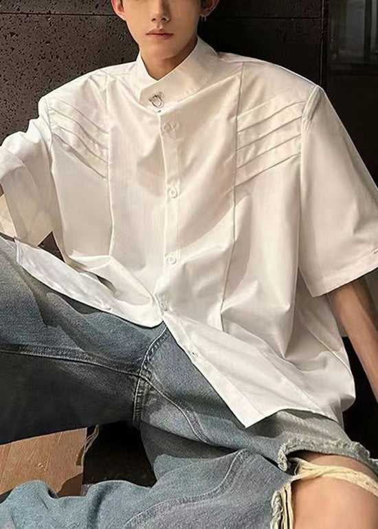 White Stand Collar Wrinkled Cotton Shirts Summer
