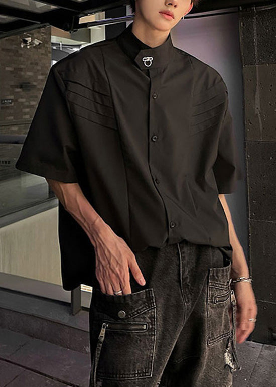 White Stand Collar Wrinkled Cotton Shirts Summer