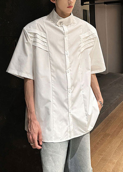 White Stand Collar Wrinkled Cotton Shirts Summer