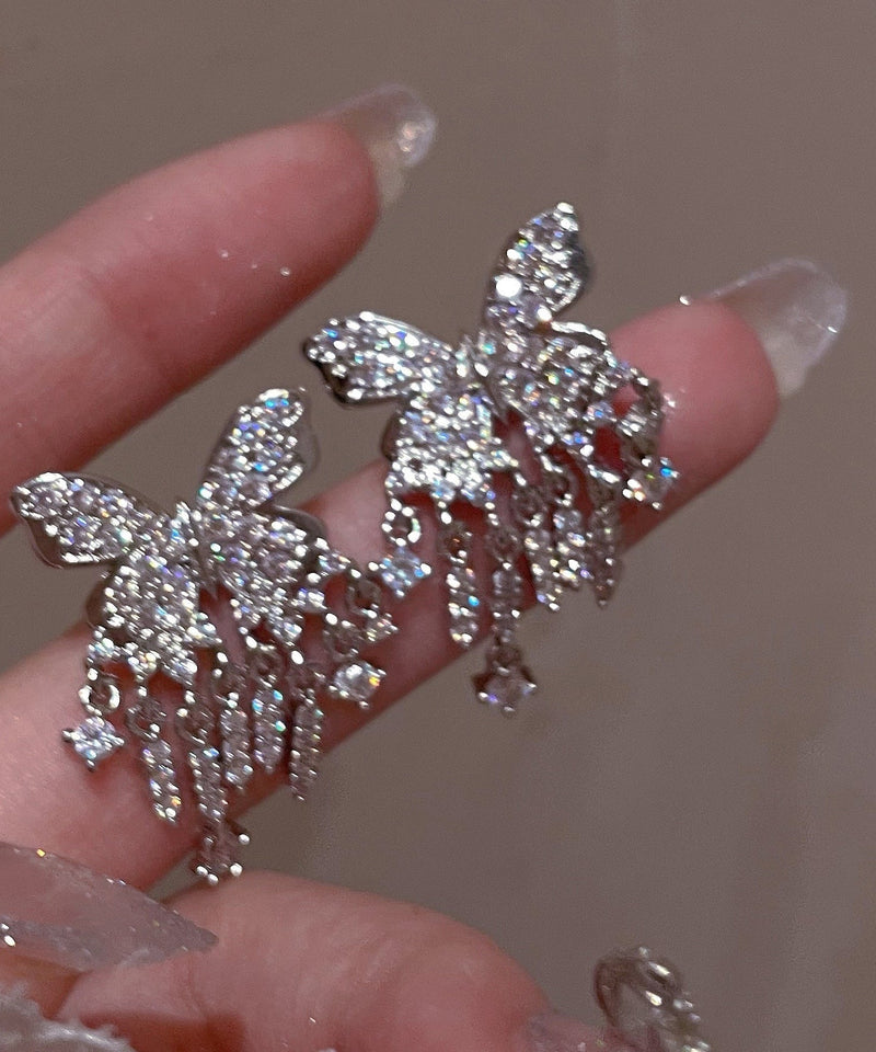 White Sterling Silver Alloy Zircon Butterfly Tassel Drop Earrings