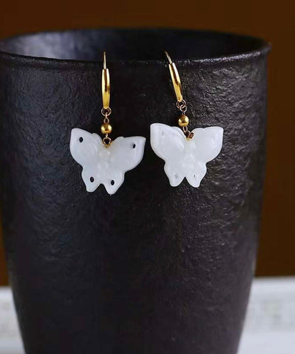 White Sterling Silver Overgild Jade Butterfly Drop Earrings