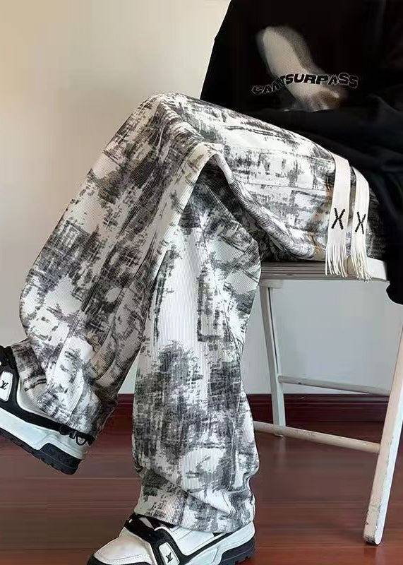White Tie Dye Elastic Waist Warm Fleece Pants Spring
