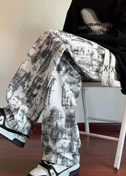 White Tie Dye Elastic Waist Warm Fleece Pants Spring