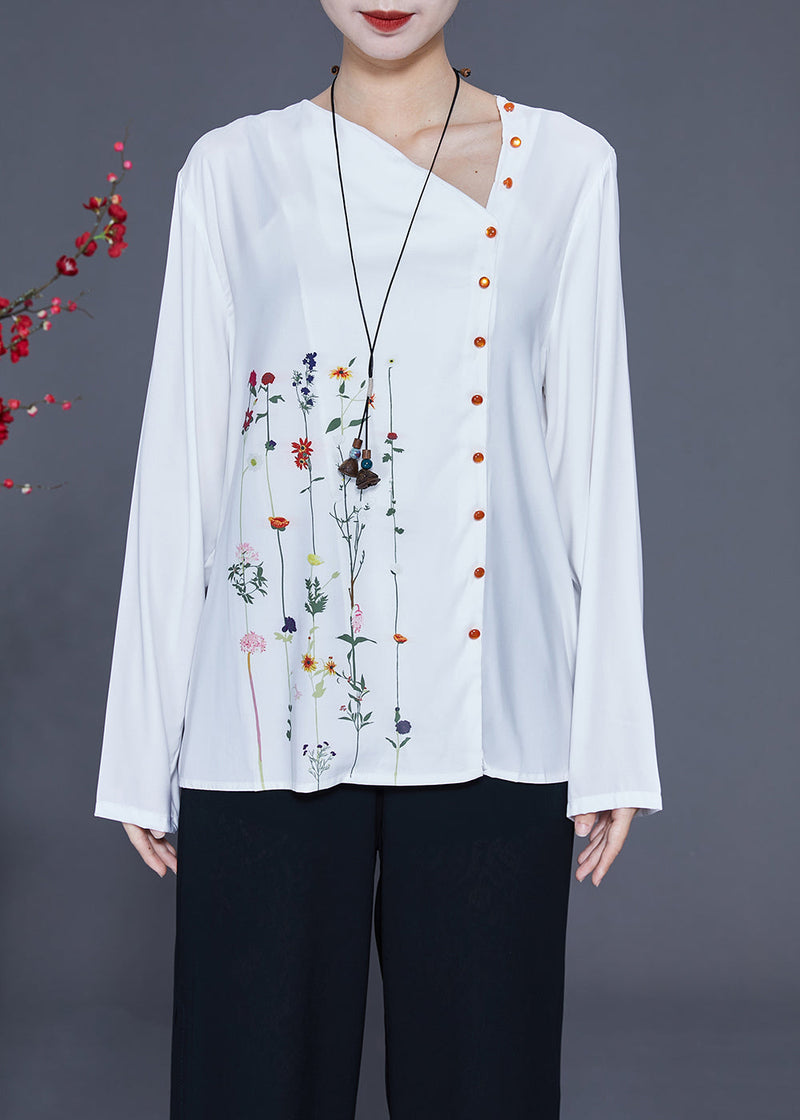 White V Neck Asymmetrical Print Chiffon Shirt Spring