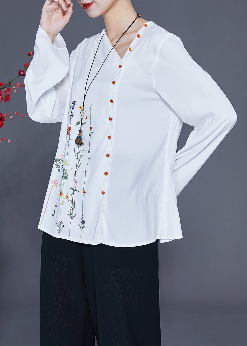 White V Neck Asymmetrical Print Chiffon Shirt Spring
