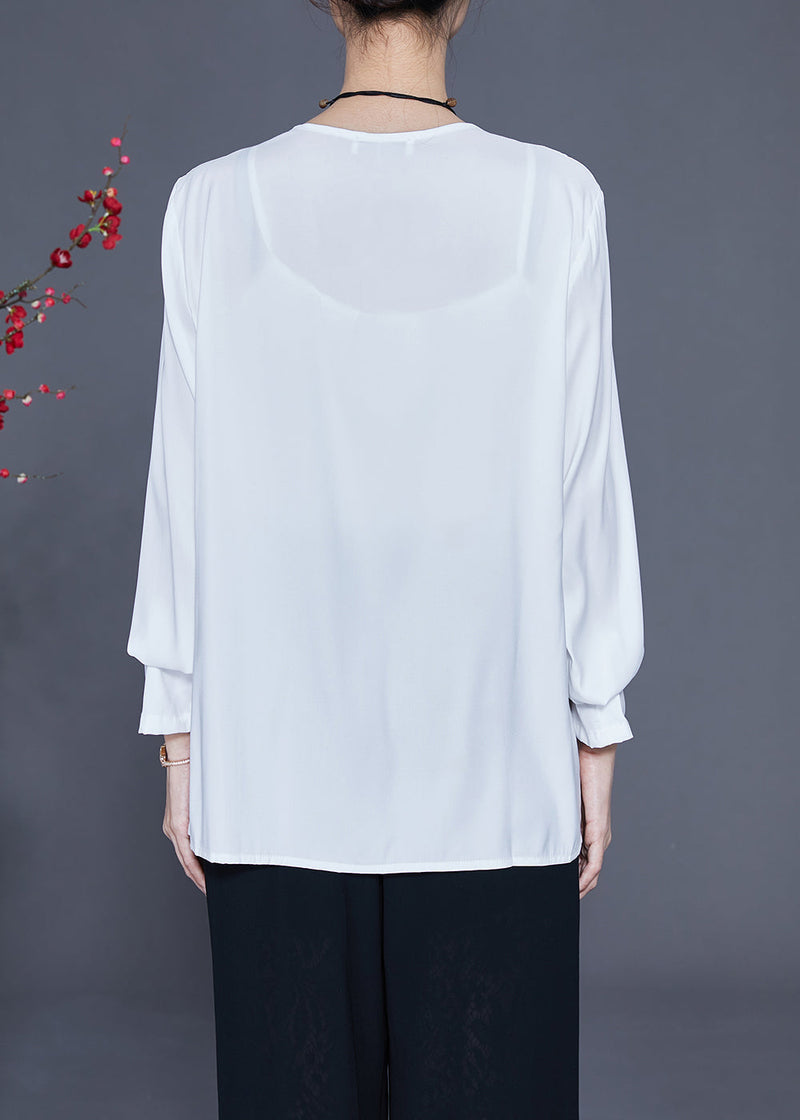 White V Neck Asymmetrical Print Chiffon Shirt Spring