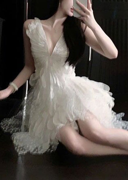 White V Neck Asymmetrical Tulle Mid Dress Sleeveless