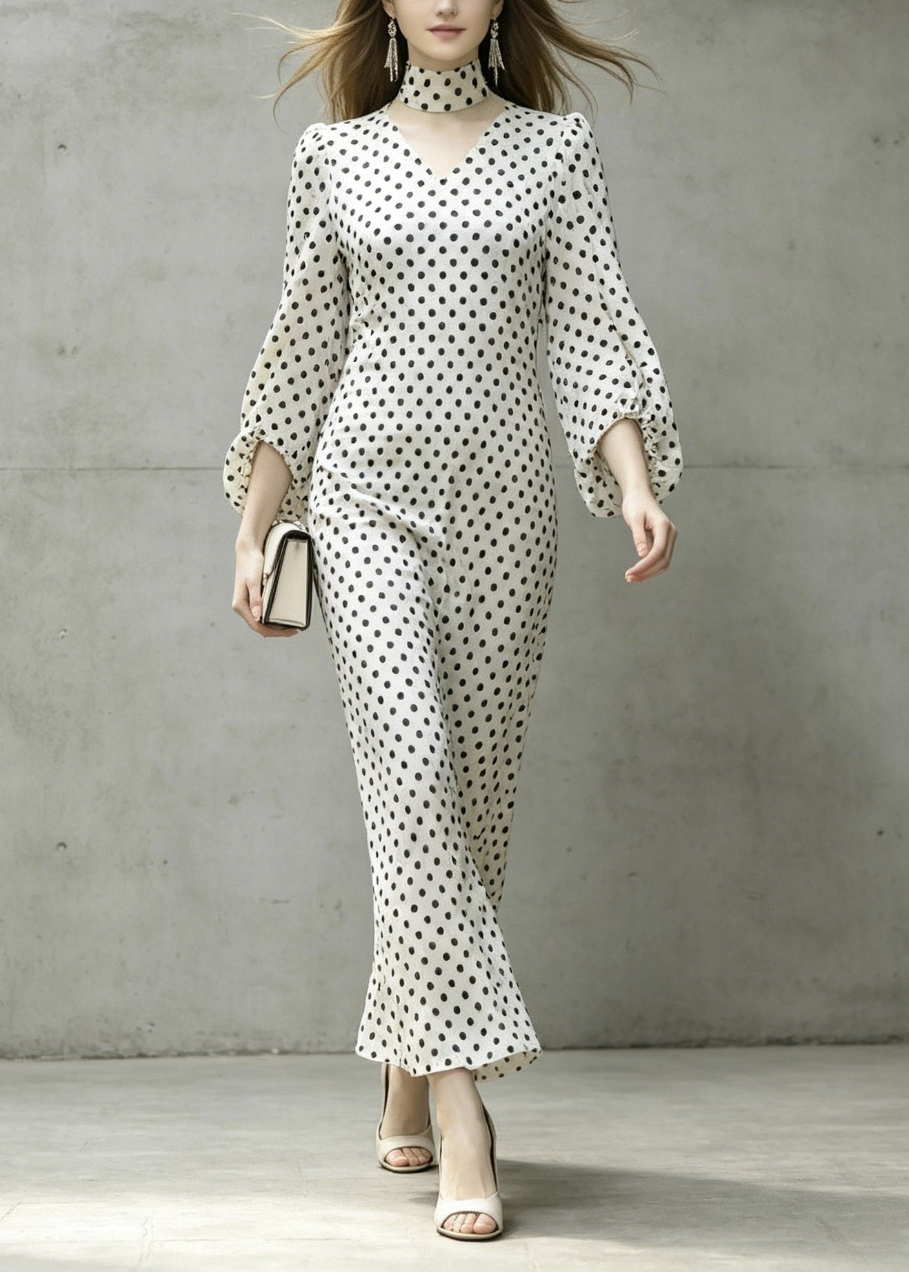 White V Neck Dot Print Chiffon Dresses Lantern Sleeve