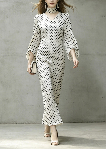 White V Neck Dot Print Chiffon Dresses Lantern Sleeve