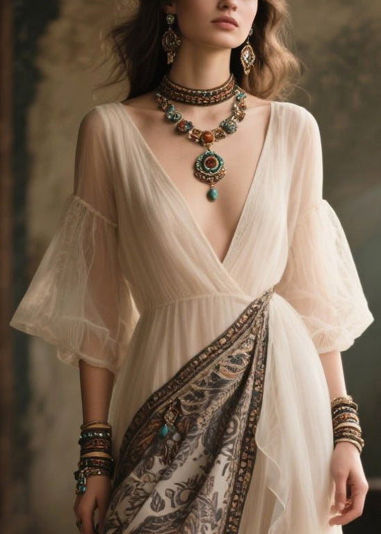White V Neck Patchwork Chiffon Holiday Dress Summer