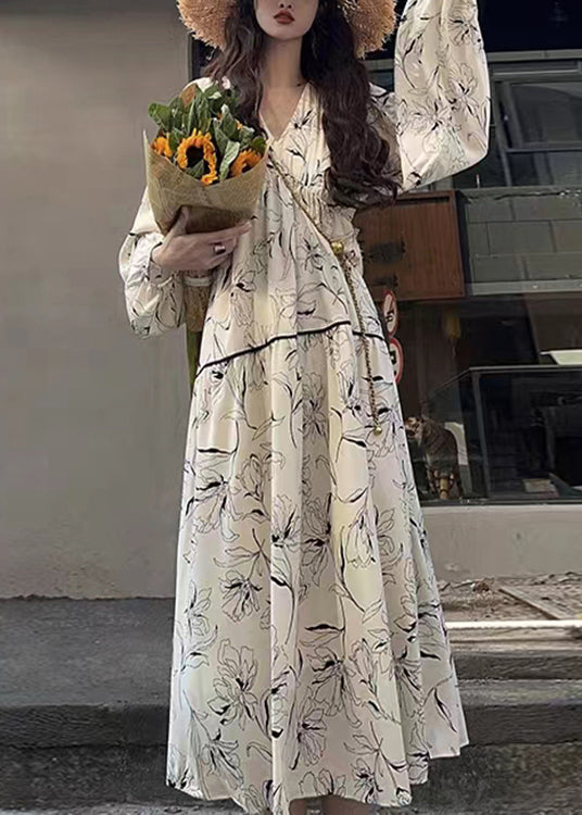 White V Neck Print Wrinkled Patchwork Cotton Long Dresses Fall