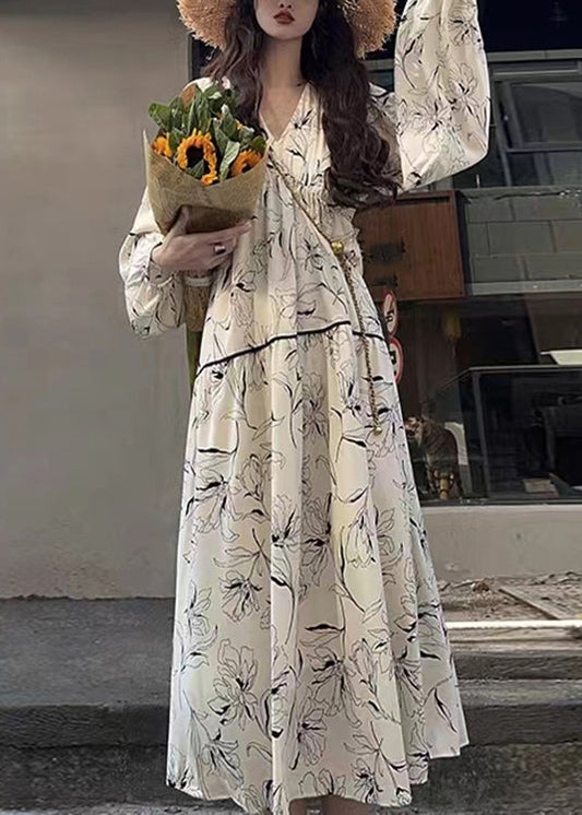 White V Neck Print Wrinkled Patchwork Cotton Long Dresses Fall