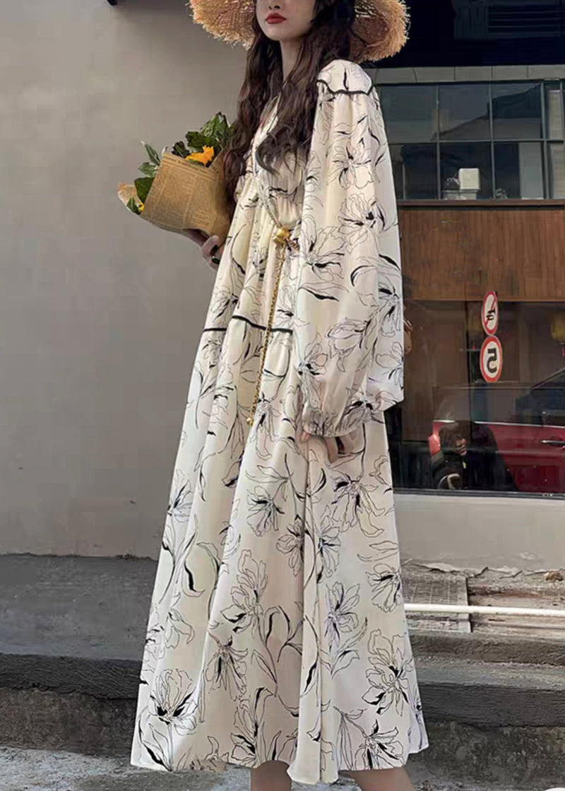 White V Neck Print Wrinkled Patchwork Cotton Long Dresses Fall