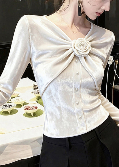 Chic White V Neck Rose Wrinkled Silk Velour Tops Spring