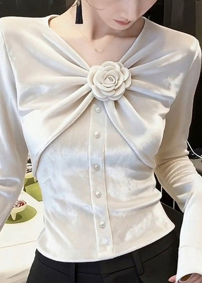Chic White V Neck Rose Wrinkled Silk Velour Tops Spring