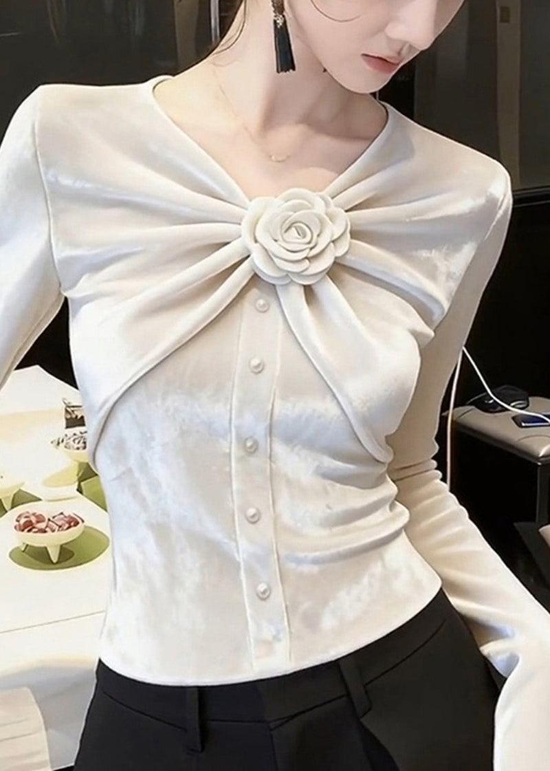White V Neck Rose Wrinkled Silk Velour Tops Spring