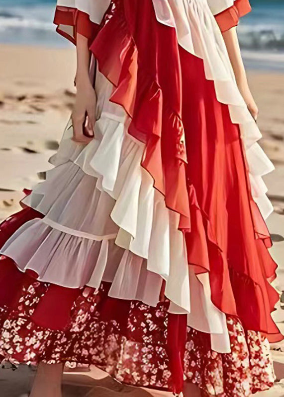 White V Neck Ruffled Patchwork Wrinkled Chiffon Maxi Dress Summer