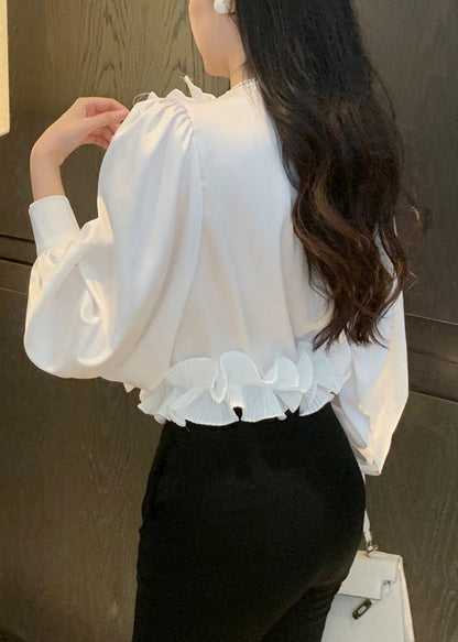 Chic White V Neck Ruffled Solid Chiffon Blouses Spring