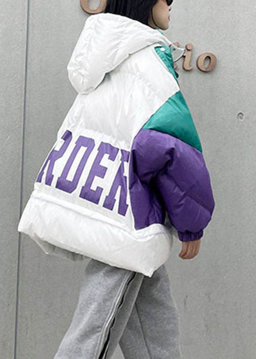 White Hooded Graphic Warm Winter Cotton Winter Jacket