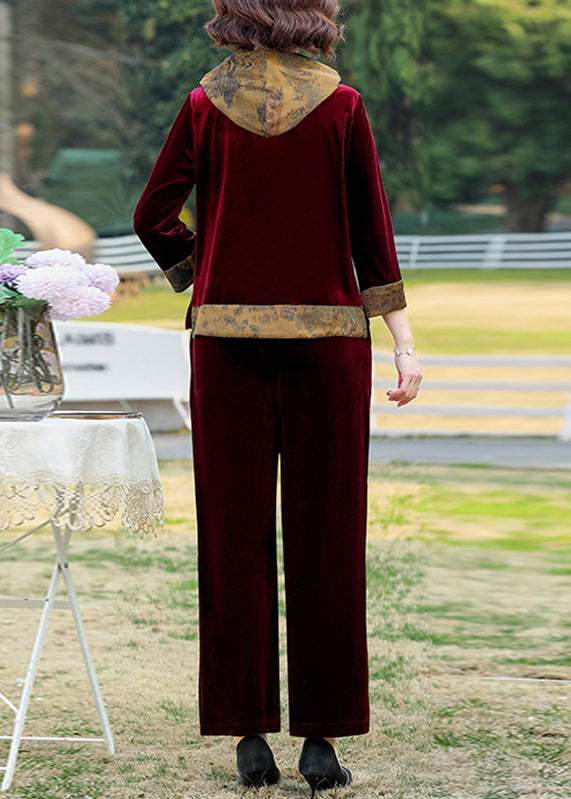 Wine Red Print Drawstring Hooded Silk Velour Top and Wide Leg Pants Two Pieces Set Fall