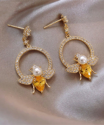 Yellow Alloy Crystal Zircon Bee Hoop Earrings Ly1800