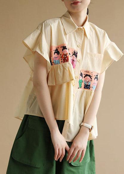 Yellow Asymmetrical Patchwork Ruffles Print Cotton Blouse Top Short Sleeve
