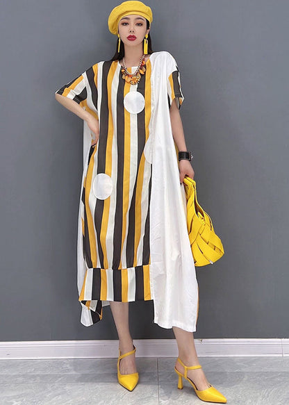 Yellow Asymmetrical Striped Print Patchwork Cotton Maxi Dresses Short Sleeve