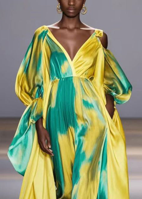 Yellow Asymmetrical Tie Dye One Shoulder Party Dress Spring